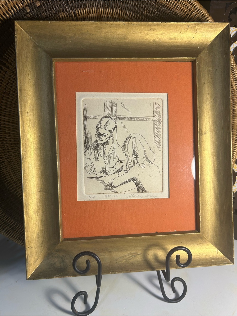 Framed Pencil Drawing with Orange Mat and Gold Frame